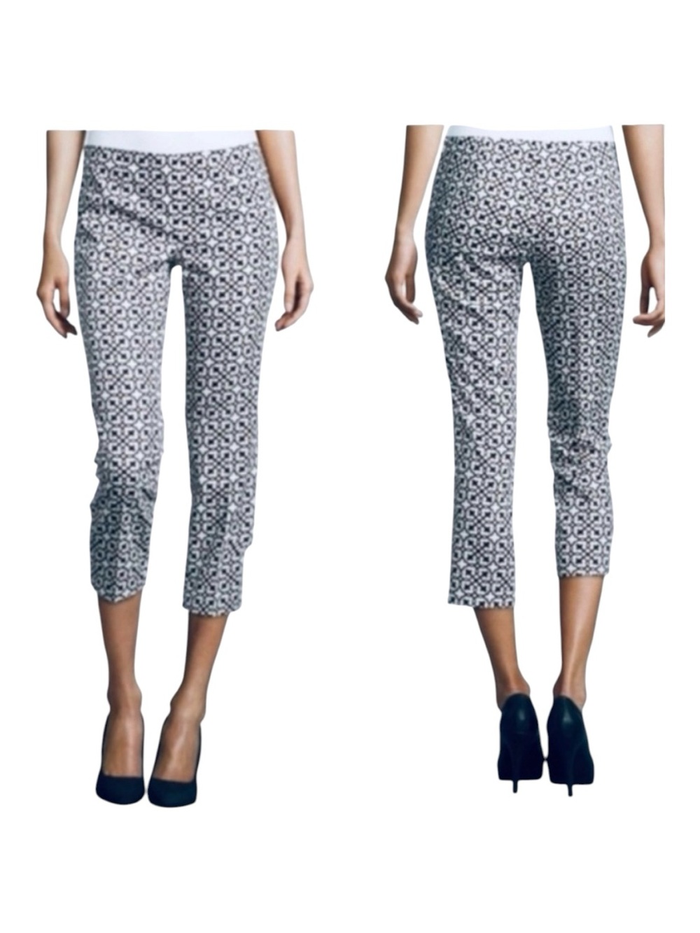 Laundry by Shelli Segal Capri Pants White & Navy Geometric Sz 12 Like New